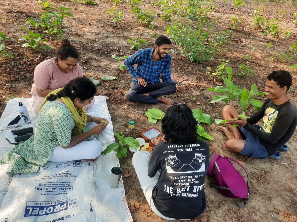 5 people sitting on the ground in a circle and enjoying snacks in tendu leaf plates